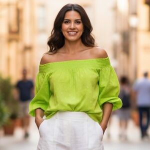 Crown & Ivy Lime Green Off Shoulder Smocked Cotton Top XS